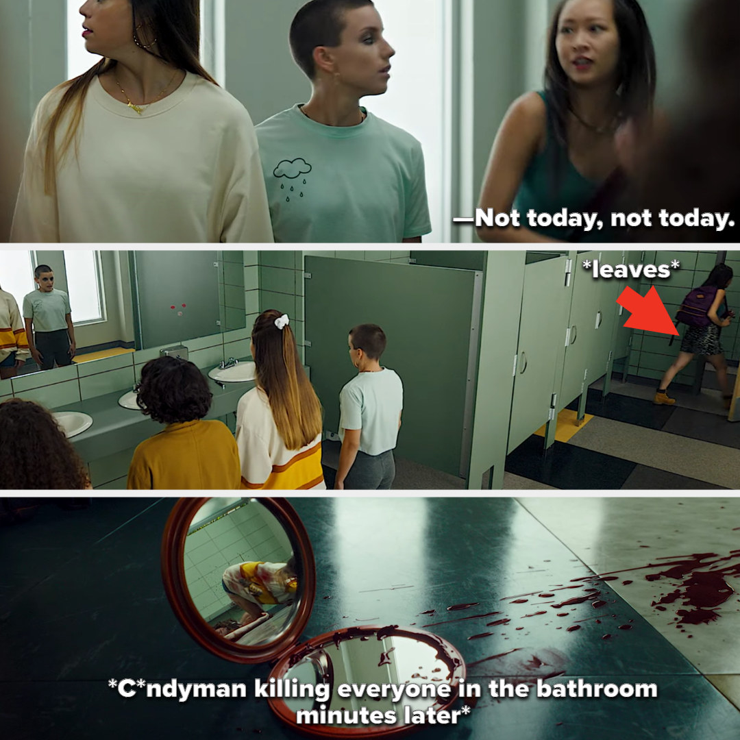 A group of girls are gathered in front of the bathroom mirror, one leaves and says, &quot;not today.&quot; Minutes later, in the reflection of a mirror we can see one of the girls on the ground, covered in blood