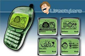 A mobile phone from the early 2000's with pictures of cartoon people.