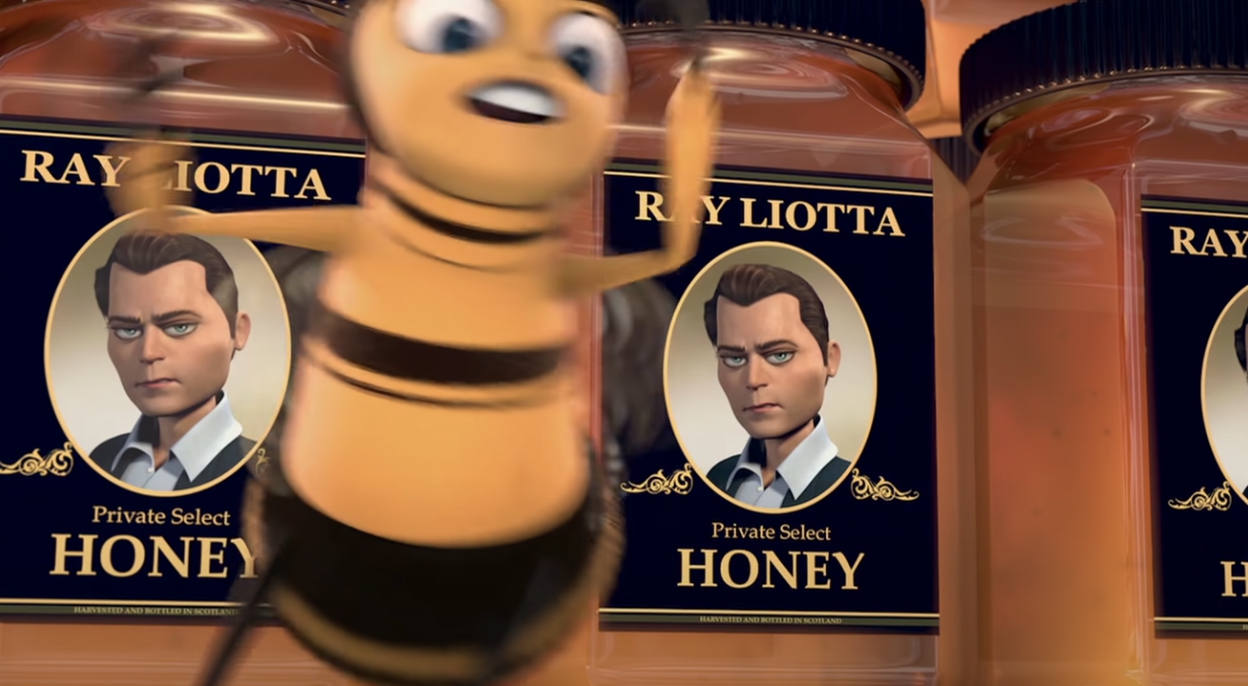 The bee in front of a several jars of Ray Liotta Private Select Honey with an illustration of Ray on the jars