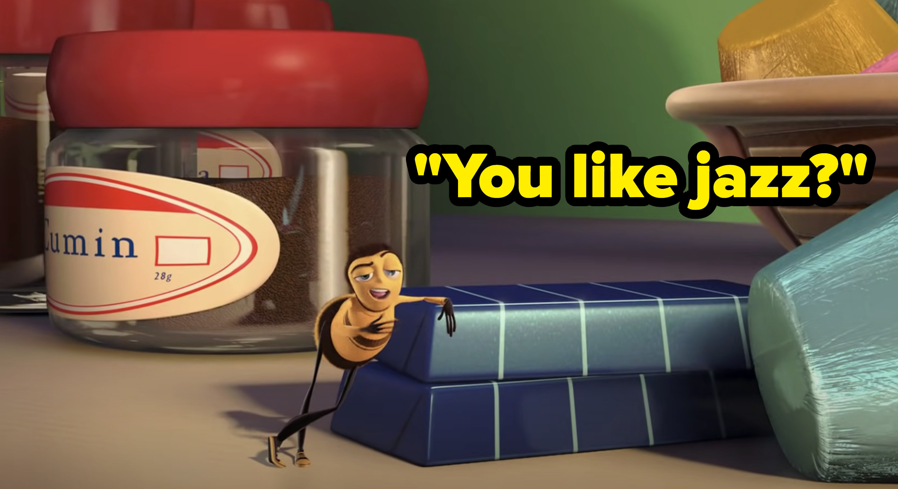 Barry the bee leaning against a household item asking &quot;You like jazz?&quot;