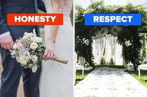 A couple is married, labeled, "honesty" with a decorated altar on the right labeled, "respect"