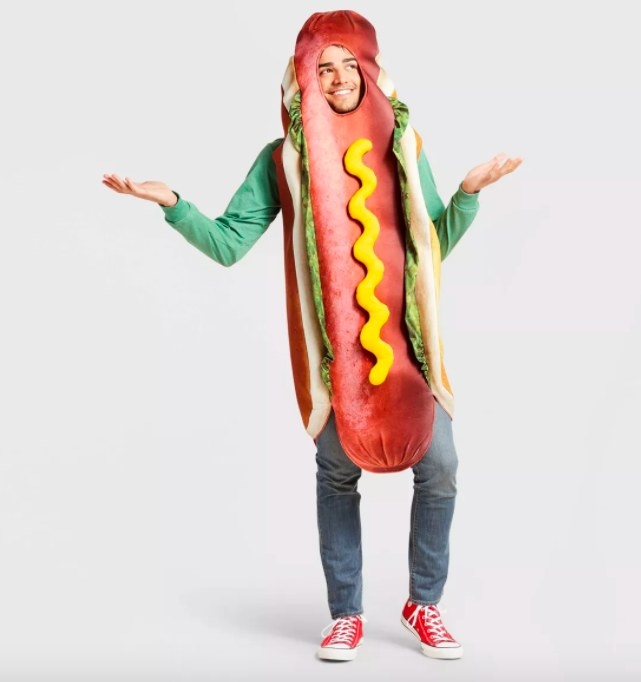 Model dressed in hot dog costume.