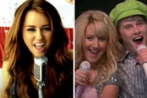 Miley Cyrus is on the left singing into a mic with Sharpay and Ryan on the right