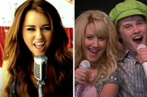 Miley Cyrus is on the left singing into a mic with Sharpay and Ryan on the right