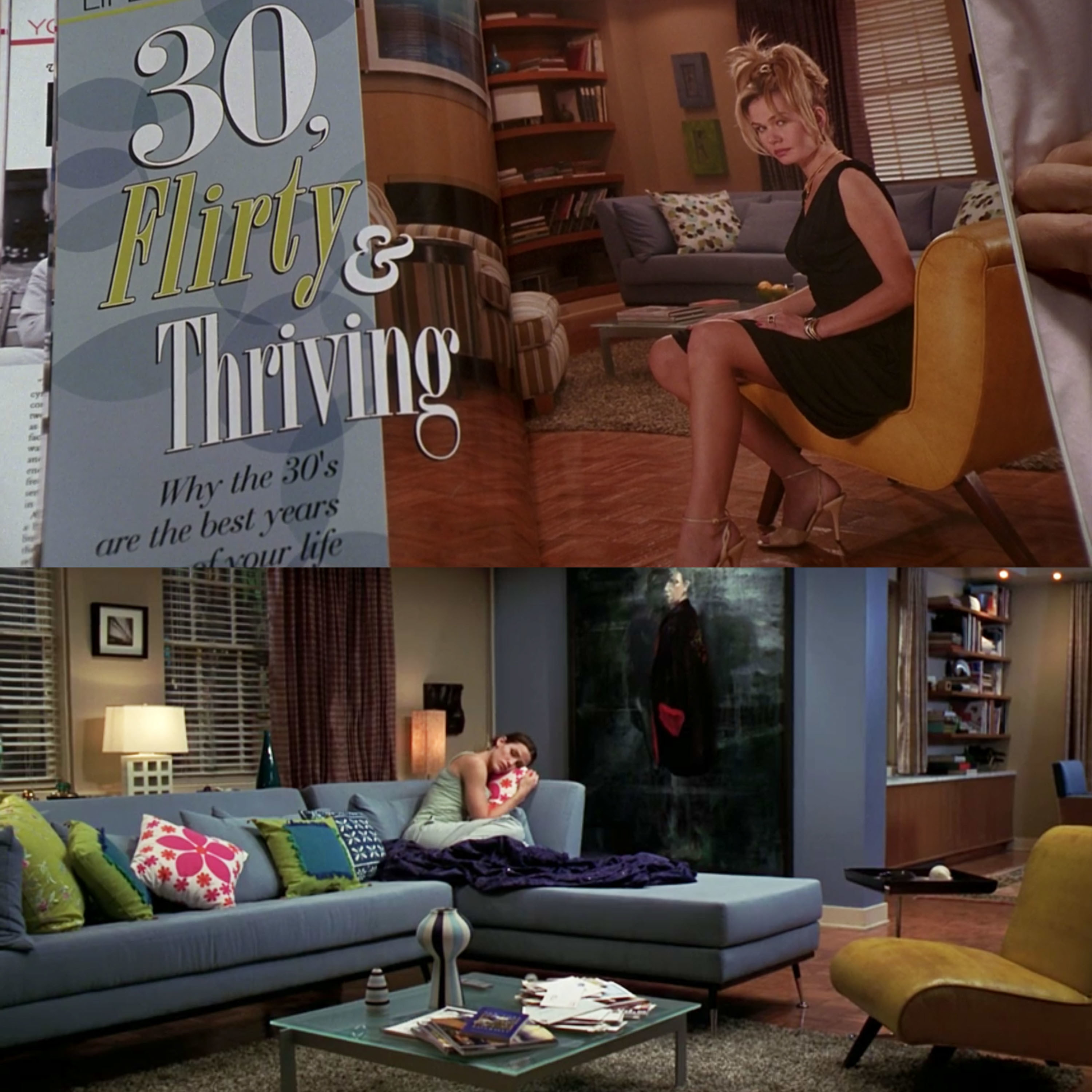 Open magazine shows a woman sitting in a sophisticated-looking apartment; Jenna sits alone in her apartment that is identical to the one from the magazine