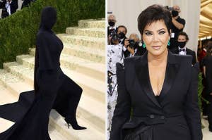 Kim Kardashian in a head-to-toe dark dress at the Met Gala next to an image of Kris Jenner on the Met Gala red carpet