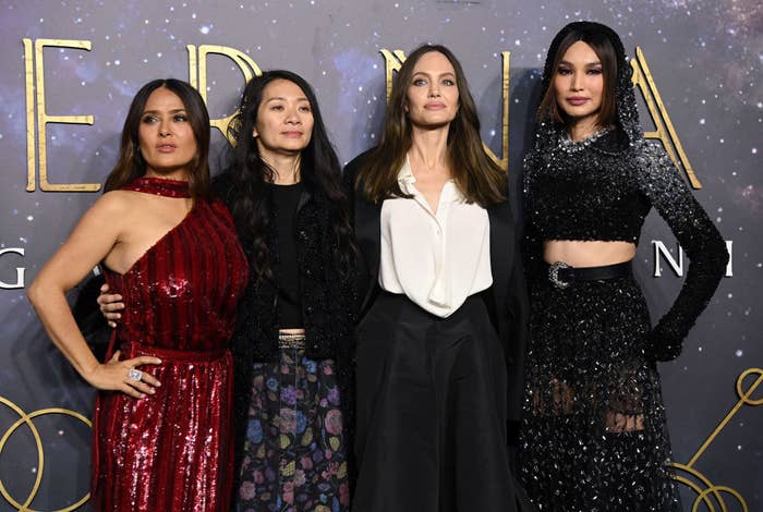 Cast of &quot;Eternals&quot; at the London premiere, from L - R, Salma, Chloé Zhao, Angelina Jolie, Gemma Chan