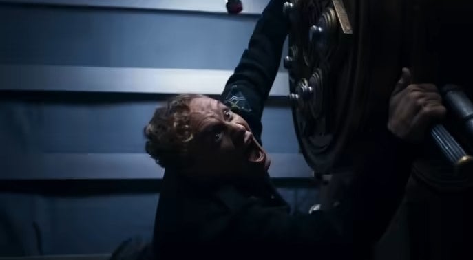 Dieter screaming as he holds onto a safe in &quot;Army of Thieves&#x27;&#x27;
