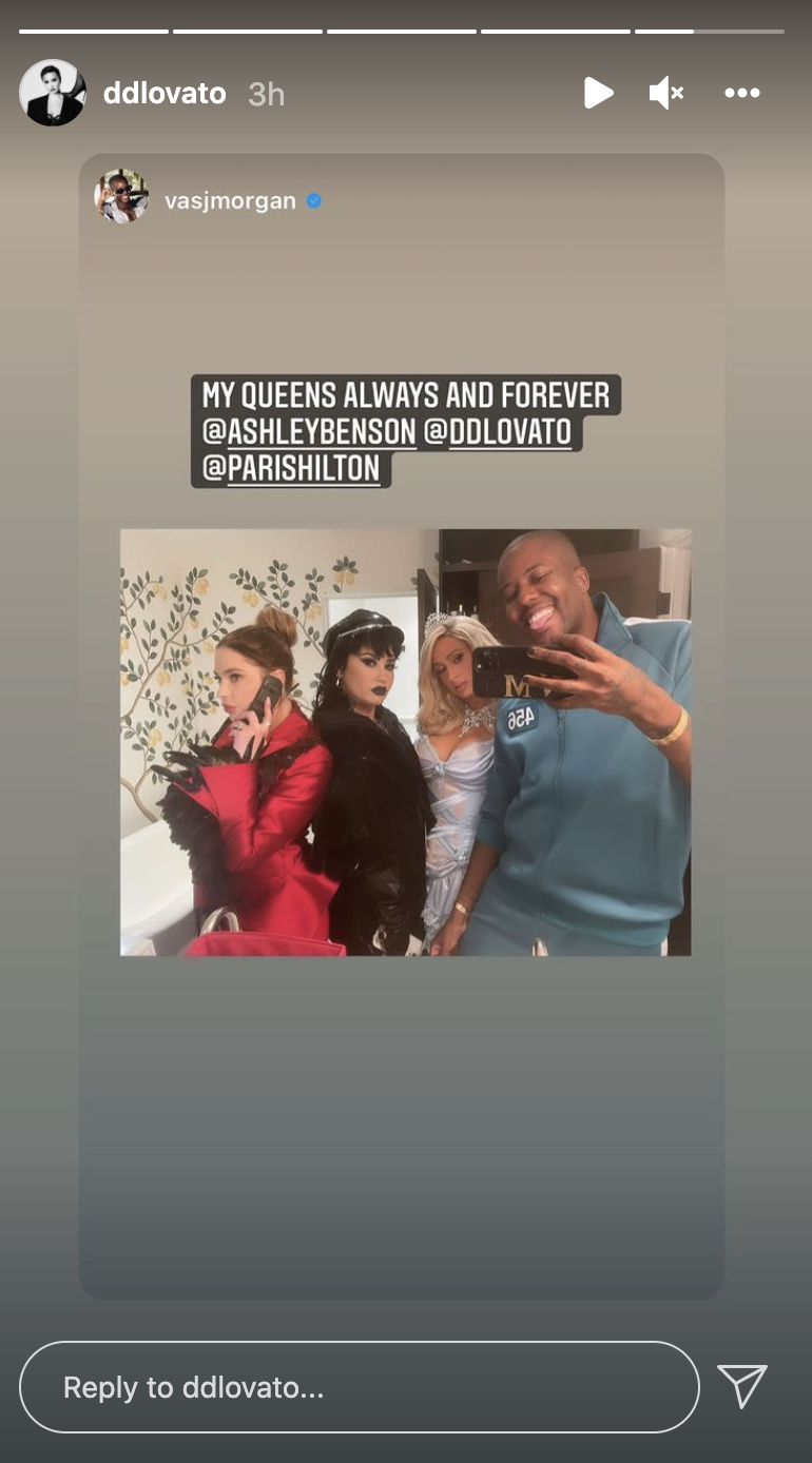 A screenshot of Demi&#x27;s IG story showing another IG story photo showing Demi, Ashley, and Paris