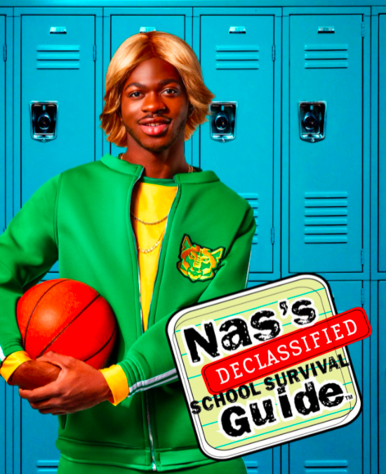 Nas&#x27;s Declassified School Survival Guide, with Lil Nas X standing in front of lockers and holding a basketball and wearing a blonde wig