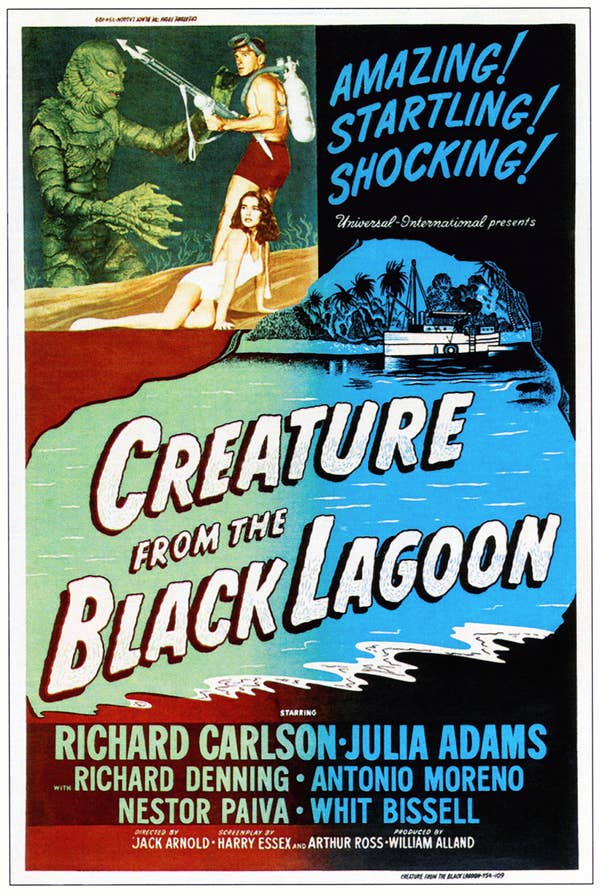 Original "Creature From The Black Lagoon" poster featuring all the stars names and multiple graphics
