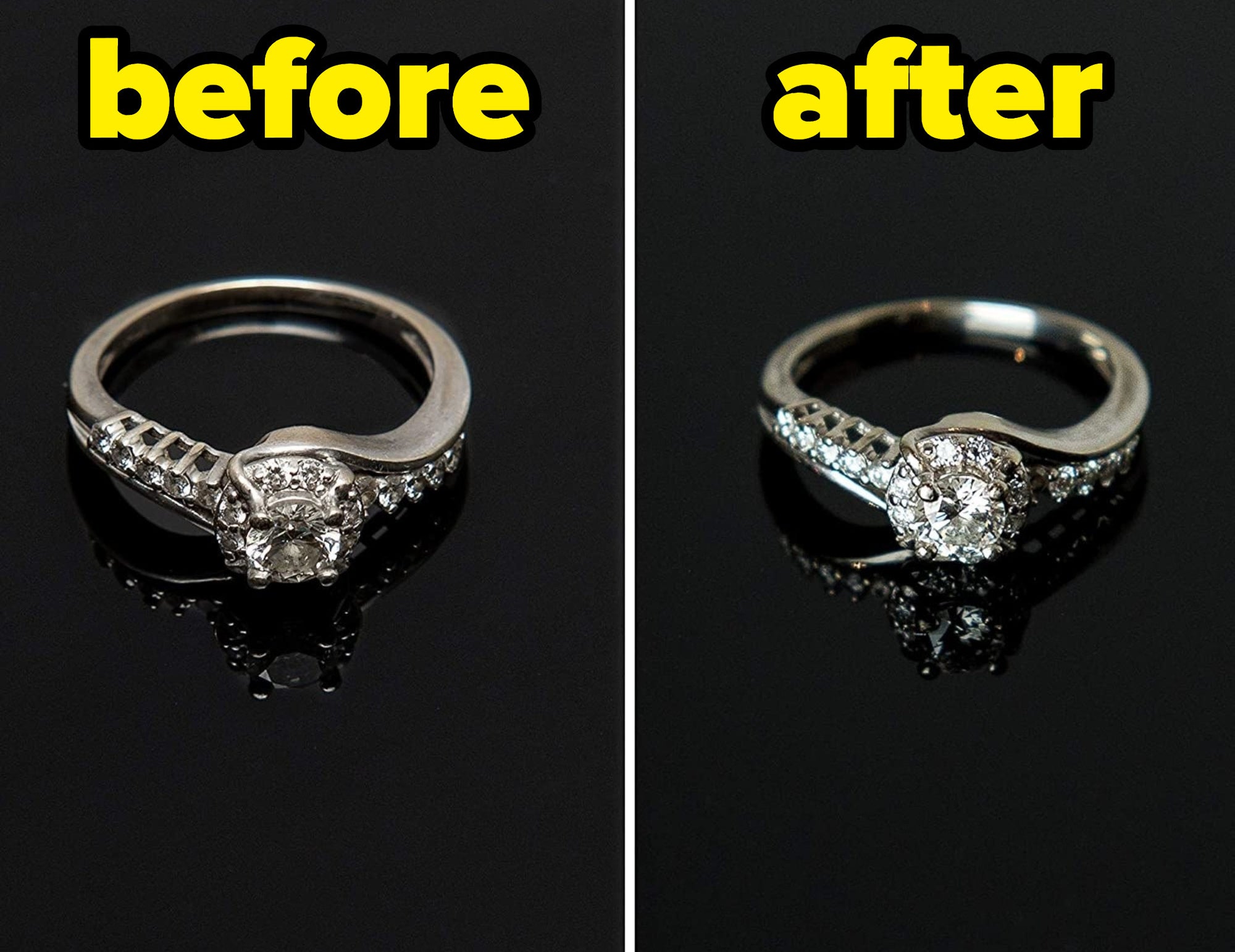 A ring before and after being cleaned with the ultrasonic jewellery cleaner