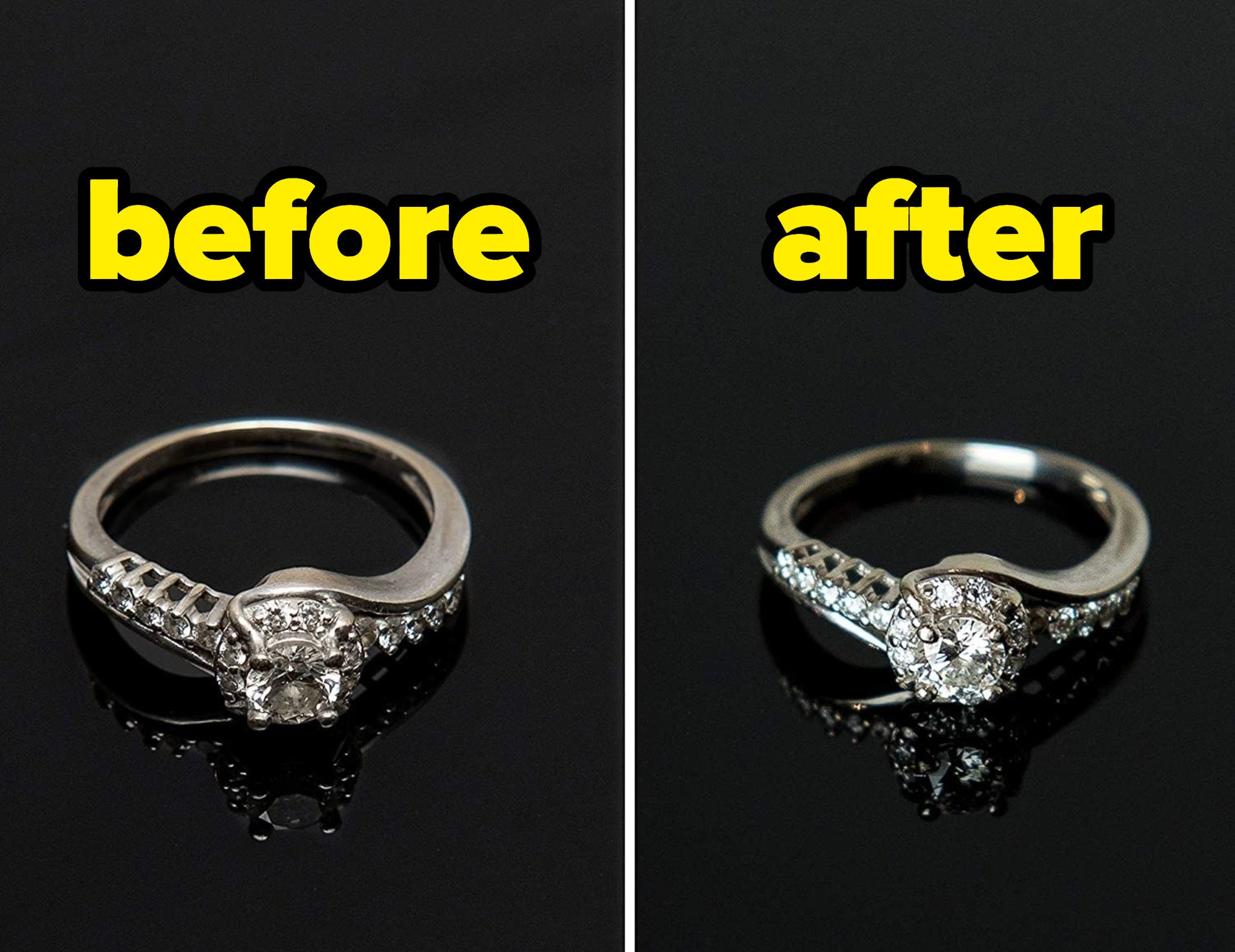 A ring before and after being cleaned with the ultrasonic jewellery cleaner