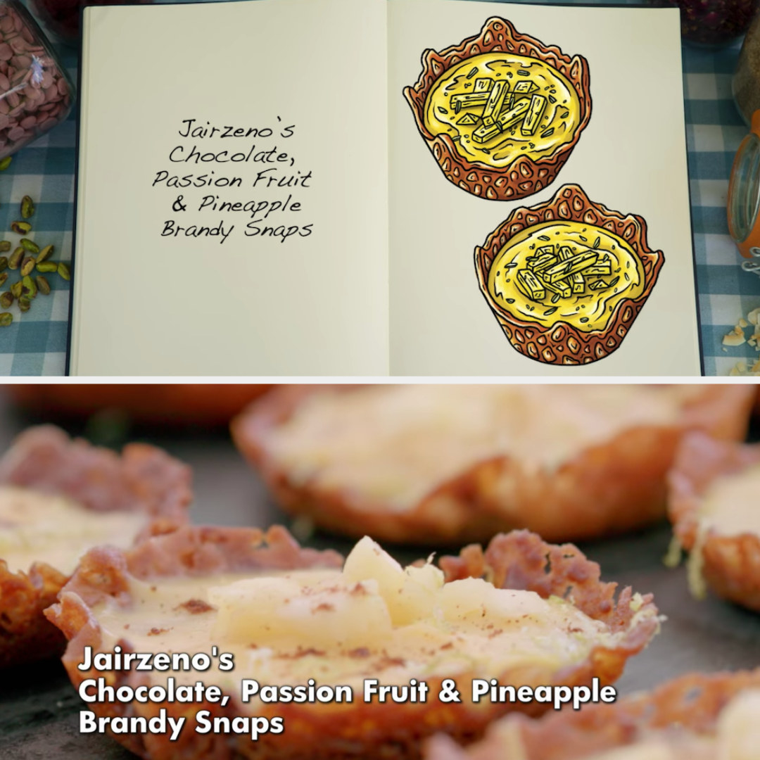 Jairzeno&#x27;s Chocolate, Passion Fruit &amp;amp; Pineapple Brandy Snaps side by side with their drawing