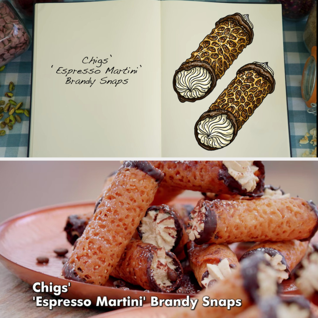 Chigs&#x27; Espresso Martini Brandy Snaps side by side with their drawing