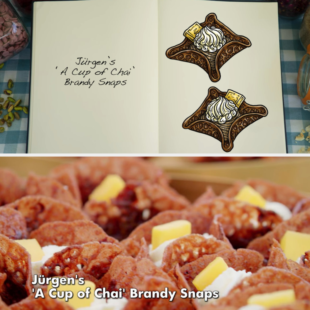 Jürgen&#x27;s &#x27;A Cup of Chai&#x27; Brandy Snaps side by side with their drawing
