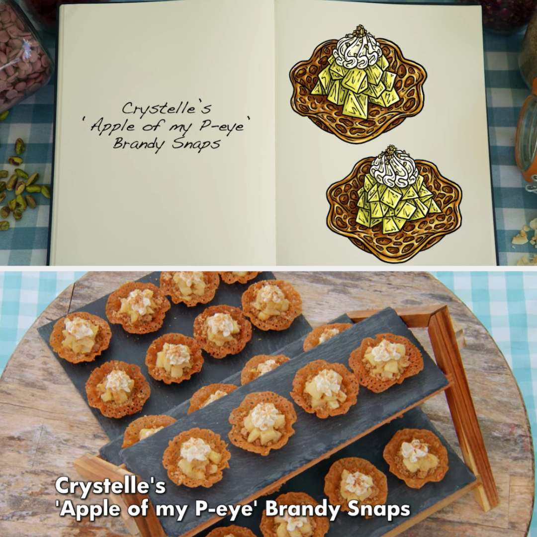 Crystelle&#x27;s &#x27;Apple of my P-eye&#x27; Brandy Snaps side by side with their drawing