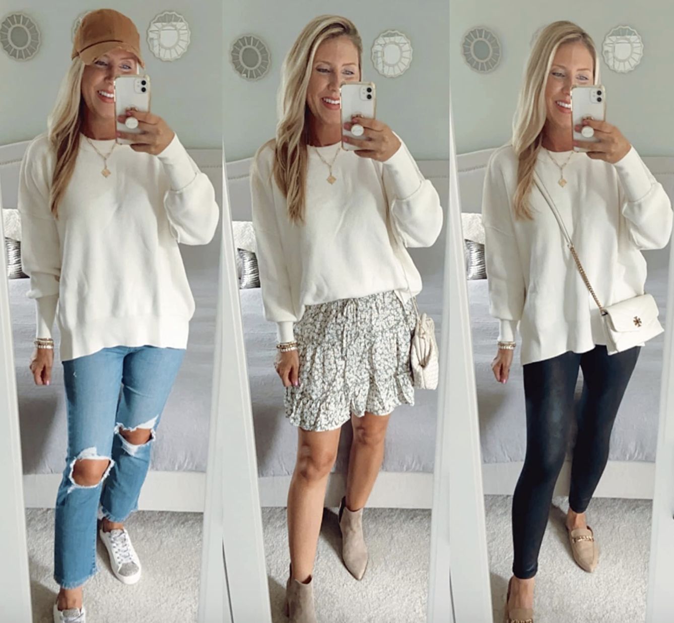 reviewer wearing the white sweater in three different ways