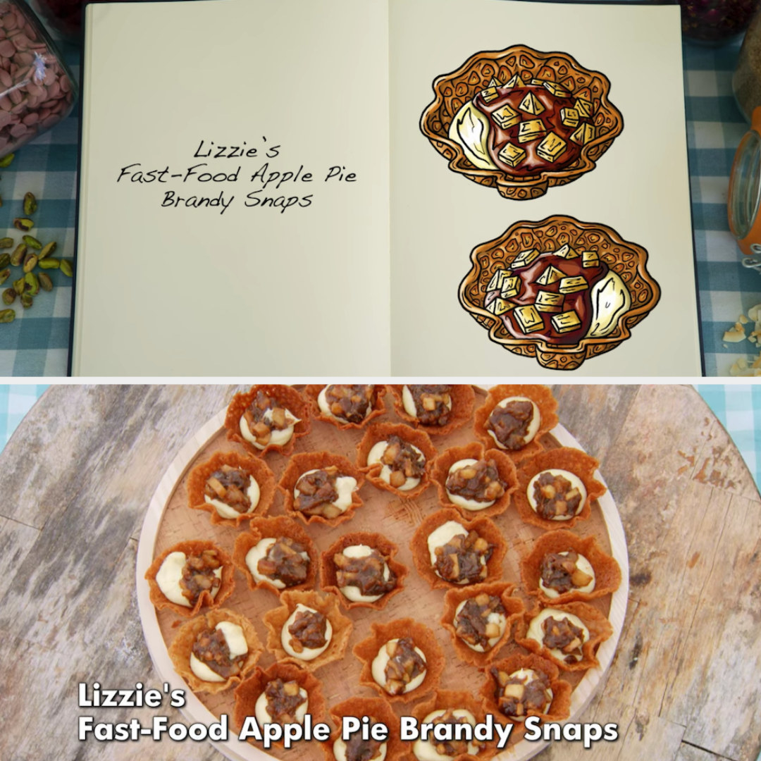 Lizzie&#x27;s Fast-Food Apple Pie Brandy Snaps side by side with their drawing