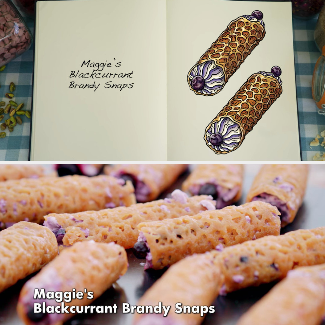 Maggie&#x27;s Blackcurrant Brandy Snaps side by side with their drawing