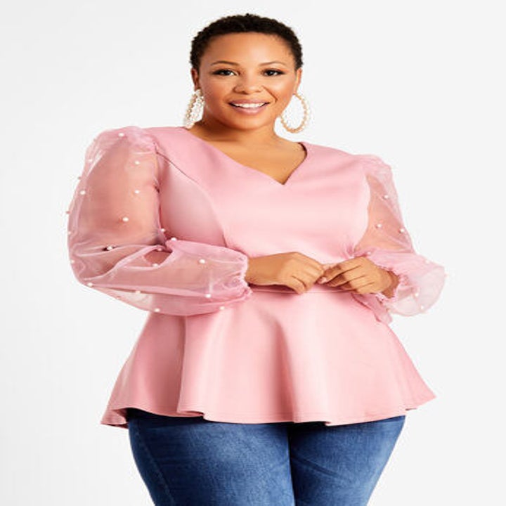 pink peplum top with sheer sleeves
