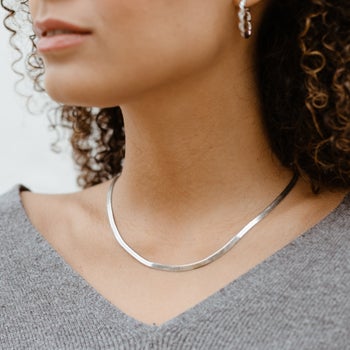 the necklace in silver. it hits just below the clavicle.
