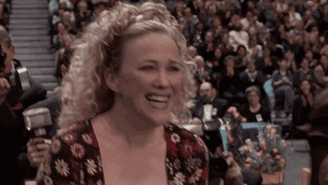Gif of Catherine O&#x27;Hara in Best in Show screaming excitedly