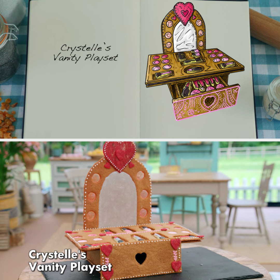Crystelle&#x27;s Vanity Playset side by side with its drawing