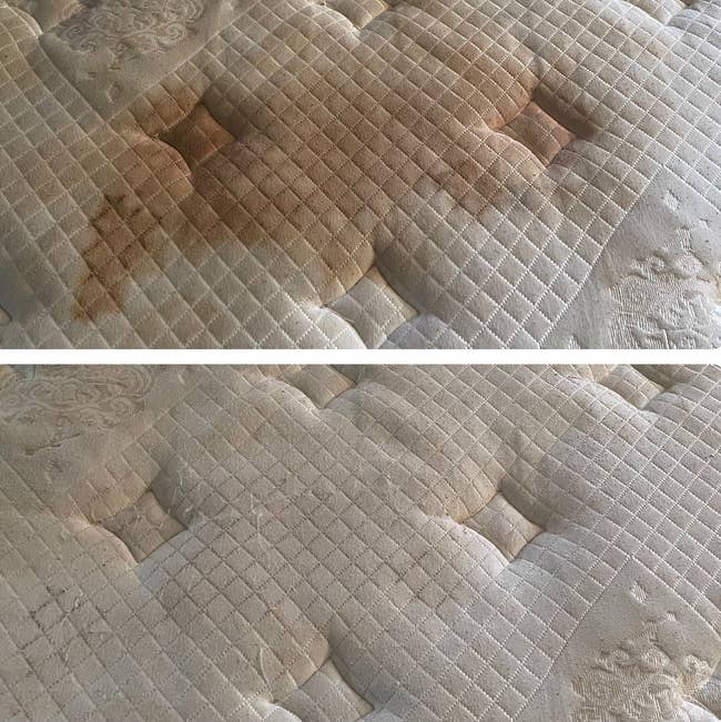 reviewer before and after of a mattress with a huge dark brown stain that disappears