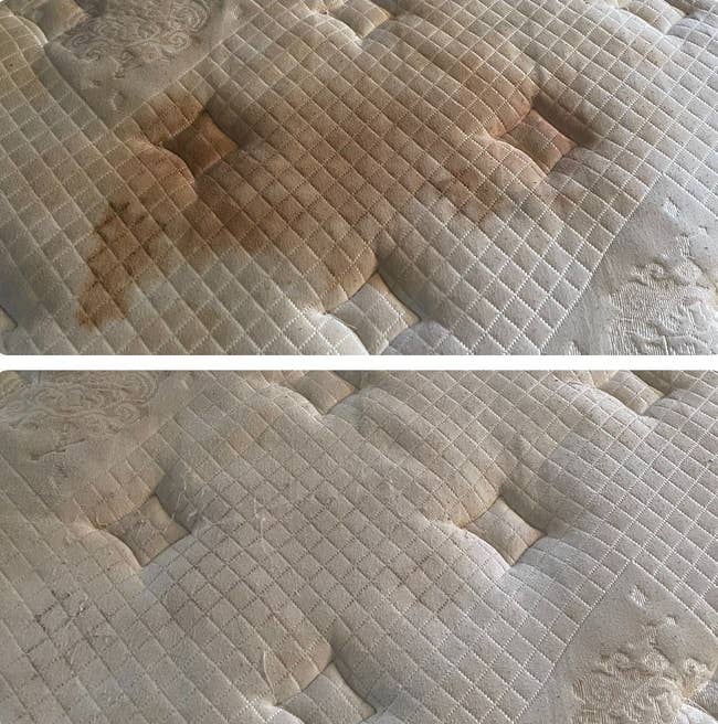 reviewer before and after images of a mattress with a huge dark brown stain that disappears