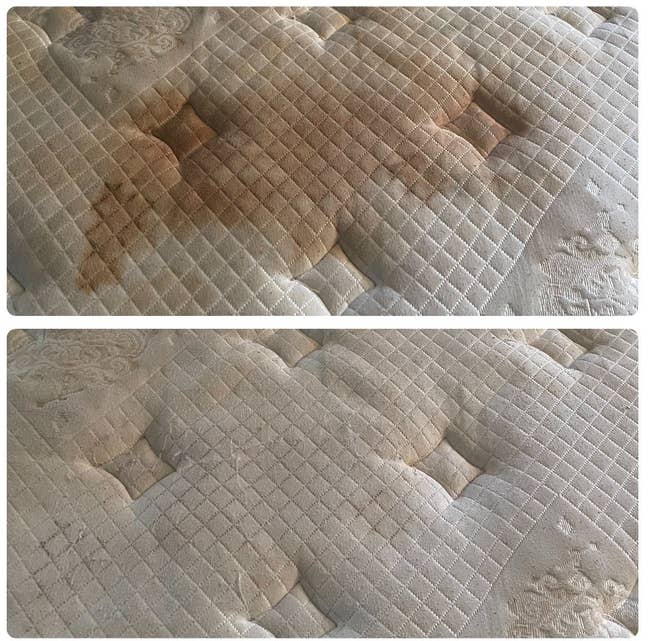 reviewer before and after of a mattress with a huge dark brown stain that disappears