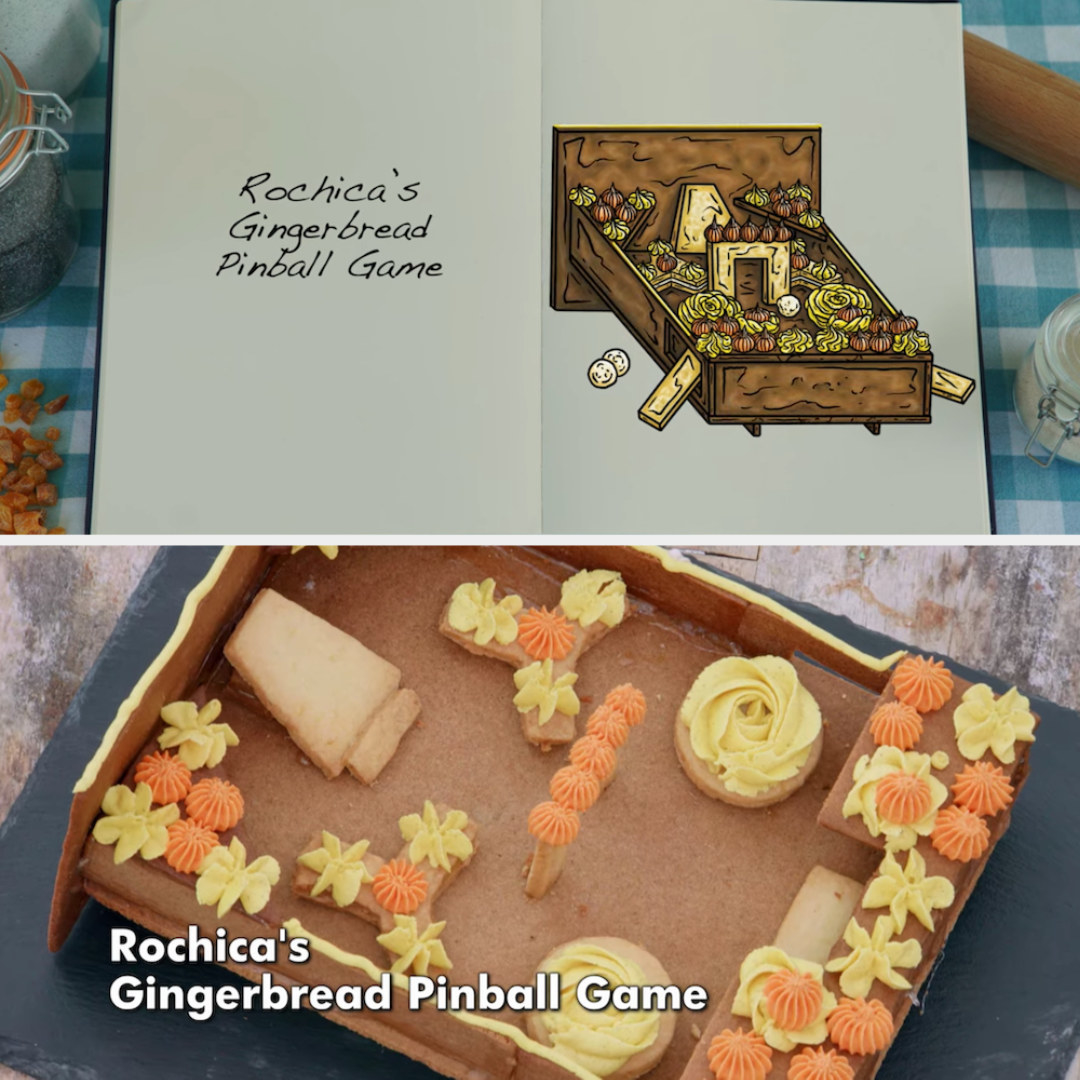 Rochica&#x27;s Gingerbread Pinball Game side by side with its drawing