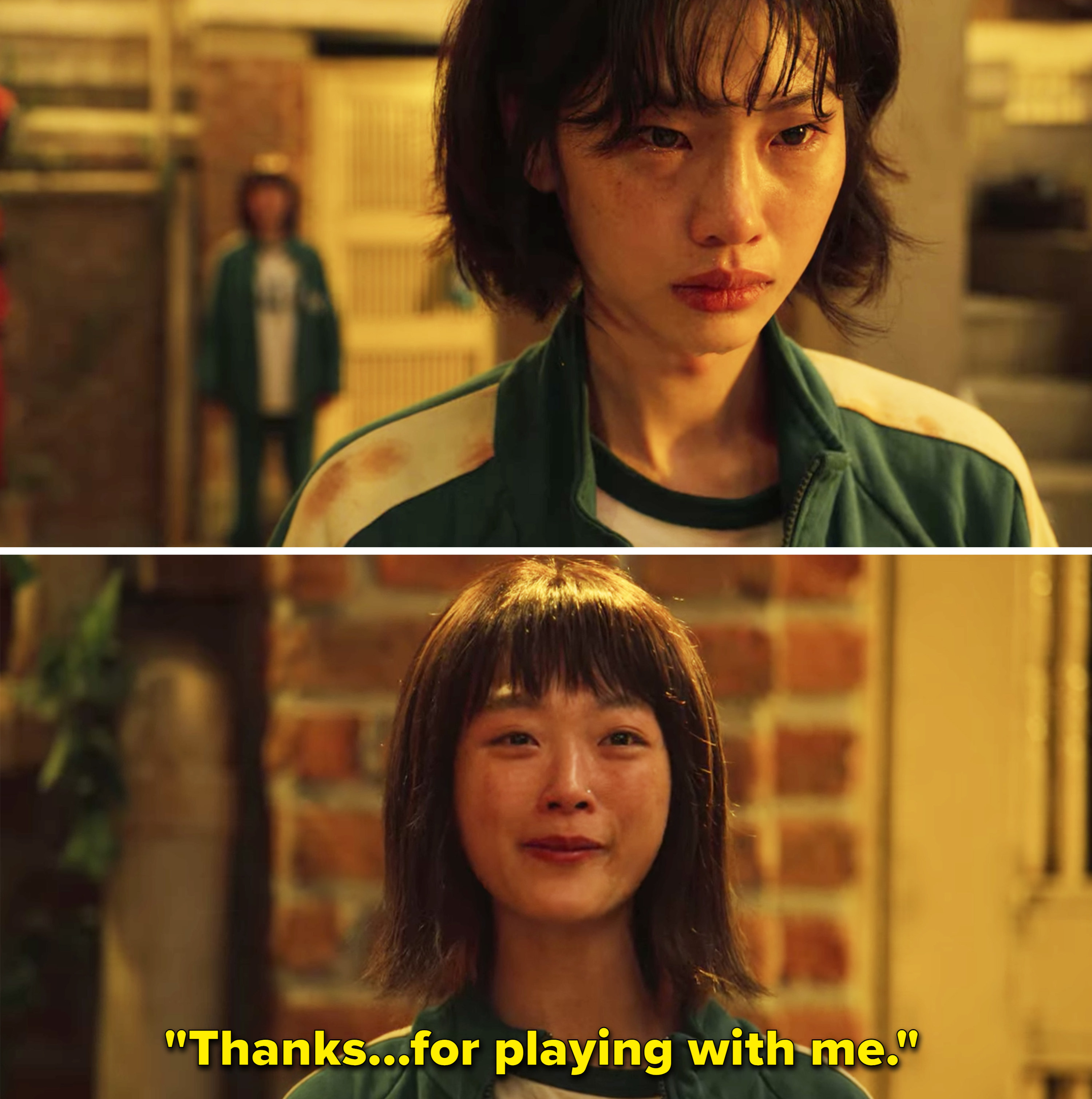 One woman saying to another "Thanks...for playing with me" as she cries