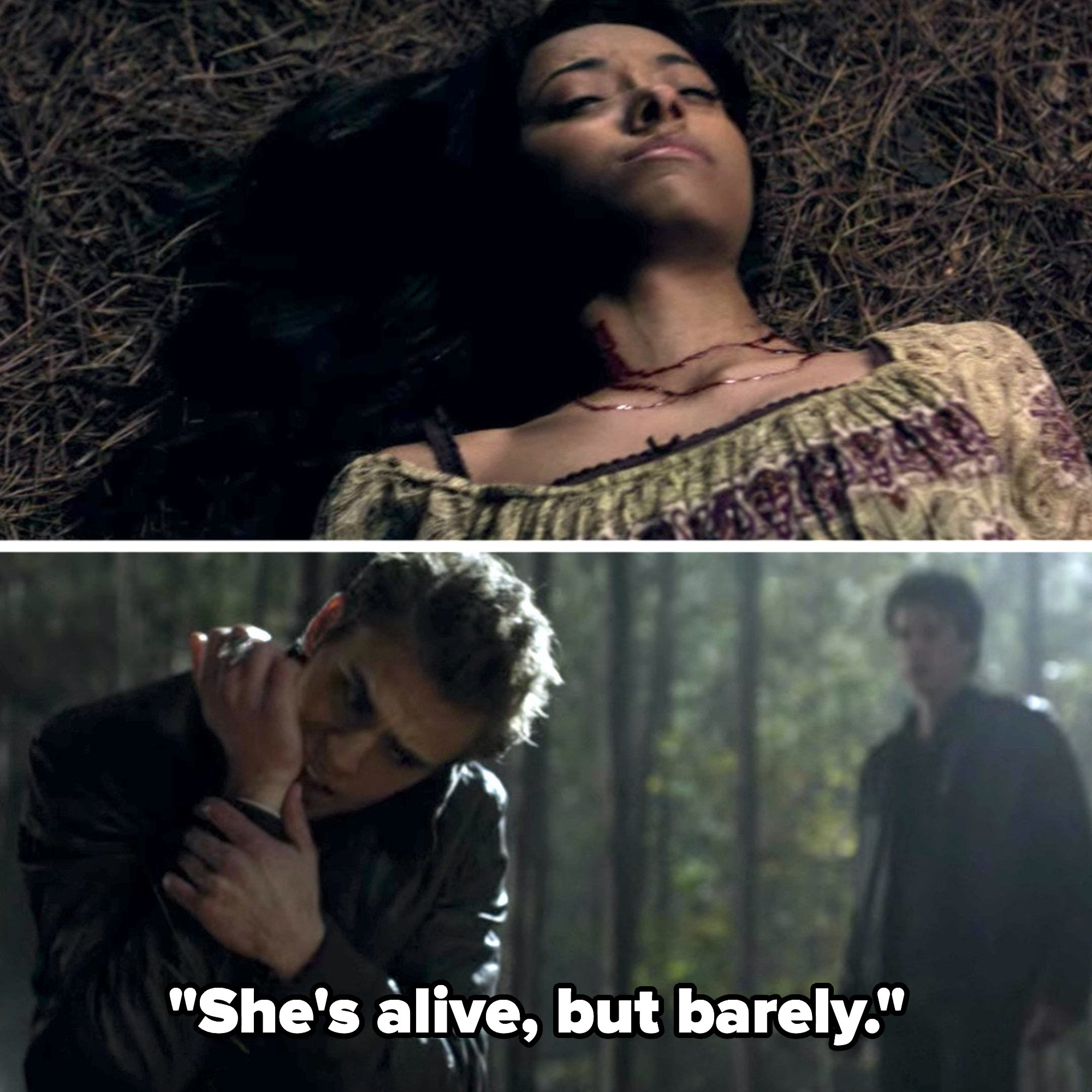 Stefan seeing Bonnie injured on &quot;The Vampire Diaries&quot; and saying, &quot;She&#x27;s alive but barely.&quot;