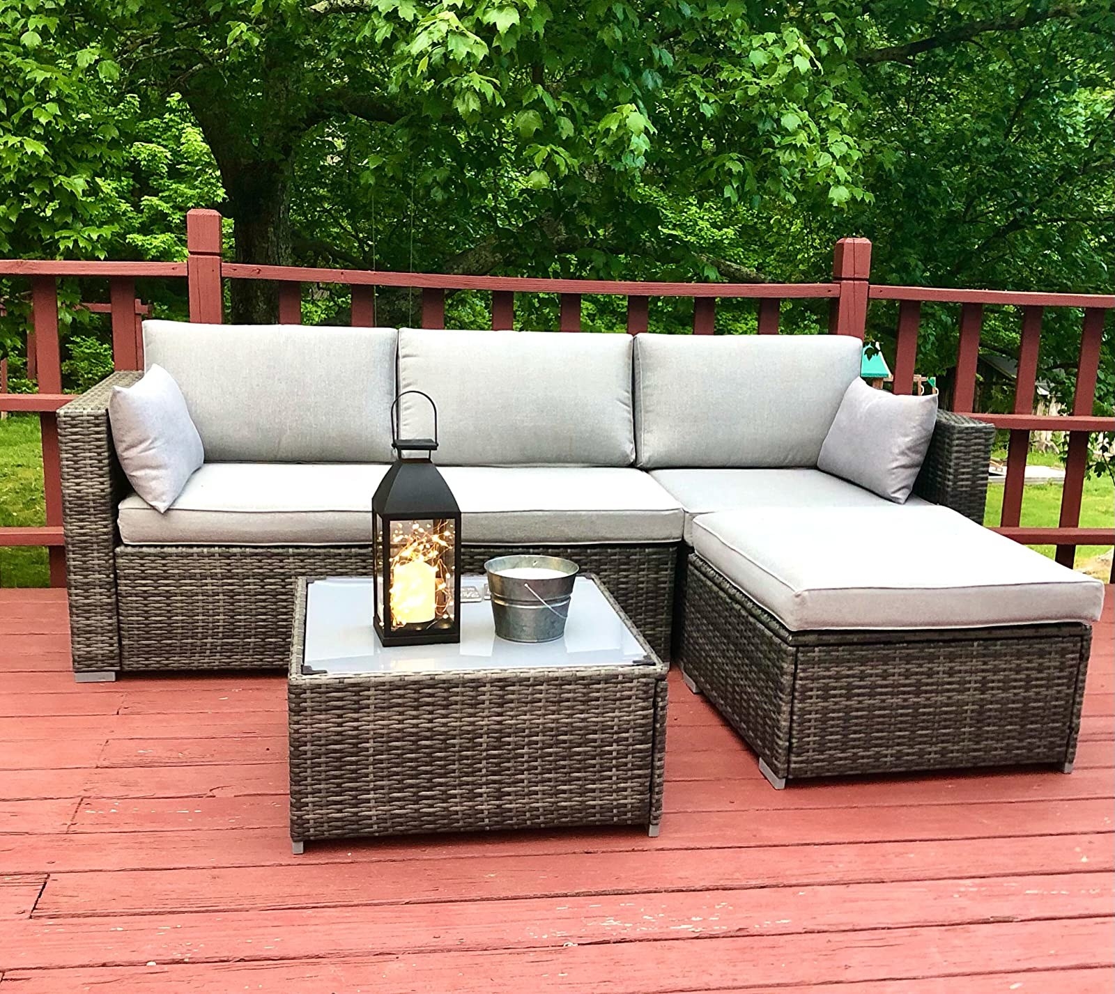 gray and wicker set as a sectional with square table