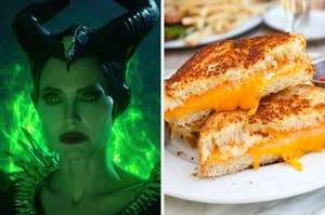On the left, Angelina Jolie as Maleficent, and on the right, a grilled cheese sandwich cut in half diagonally with cheese coming out of it