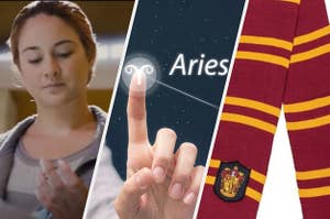 A "Divergent" faction is shown on the left with Aries sign in the center and a Gryffindor scarf on the right