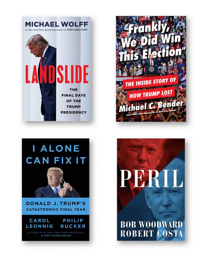 The covers of the four books: "Landslide"; "Frankly, we did win this election"; "Peril"; "I alone can fix it"