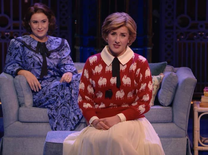 Holly Ann Butler as Sarah Spencer and Jeanna de Waal as Princess Diana. De Waal wears Princess Diana&#x27;s famous red sweater with white sheep and one black one.