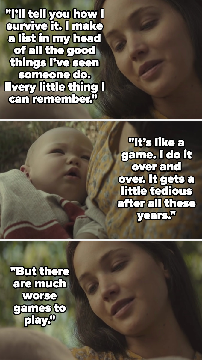 Katniss tells her baby that to get through the trauma, she plays a game in her head where she lists out every good thing she&#x27;s ever seen someone do, saying it&#x27;s tedious but there are much worse games to play