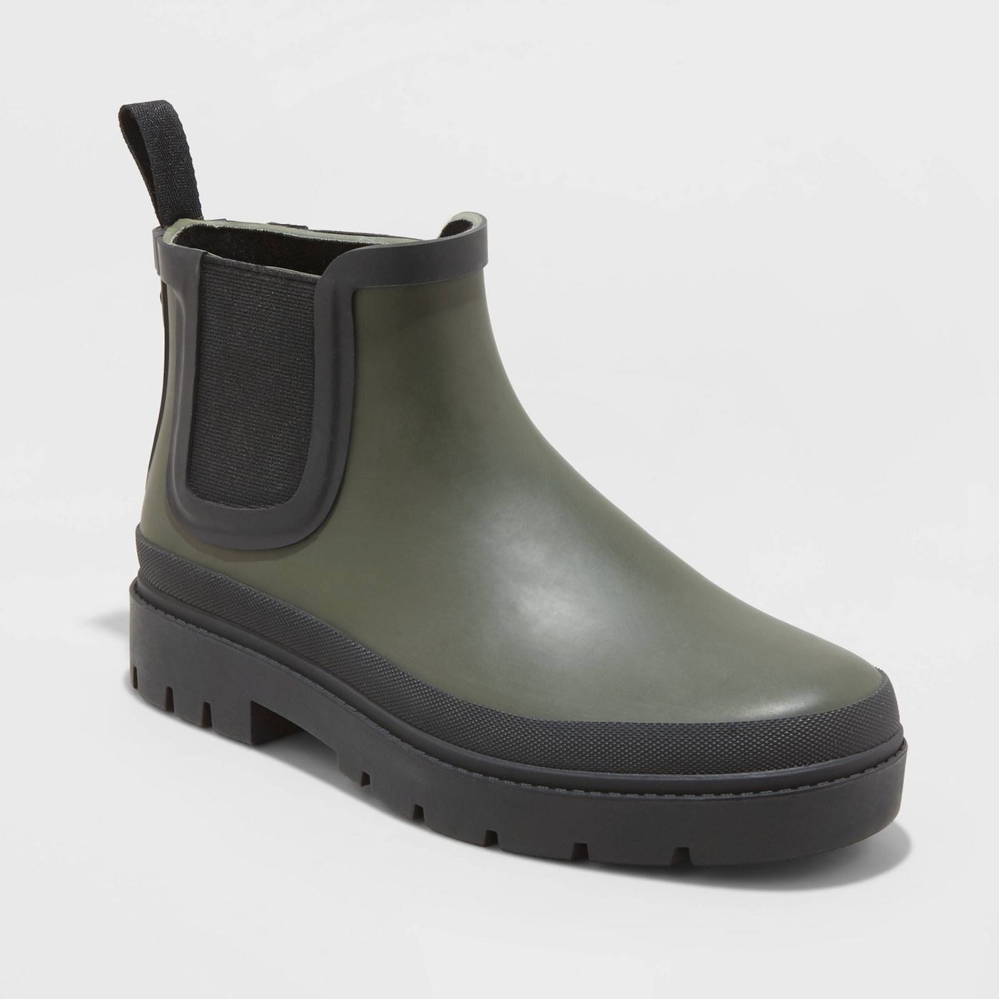 A green ankle rain boot