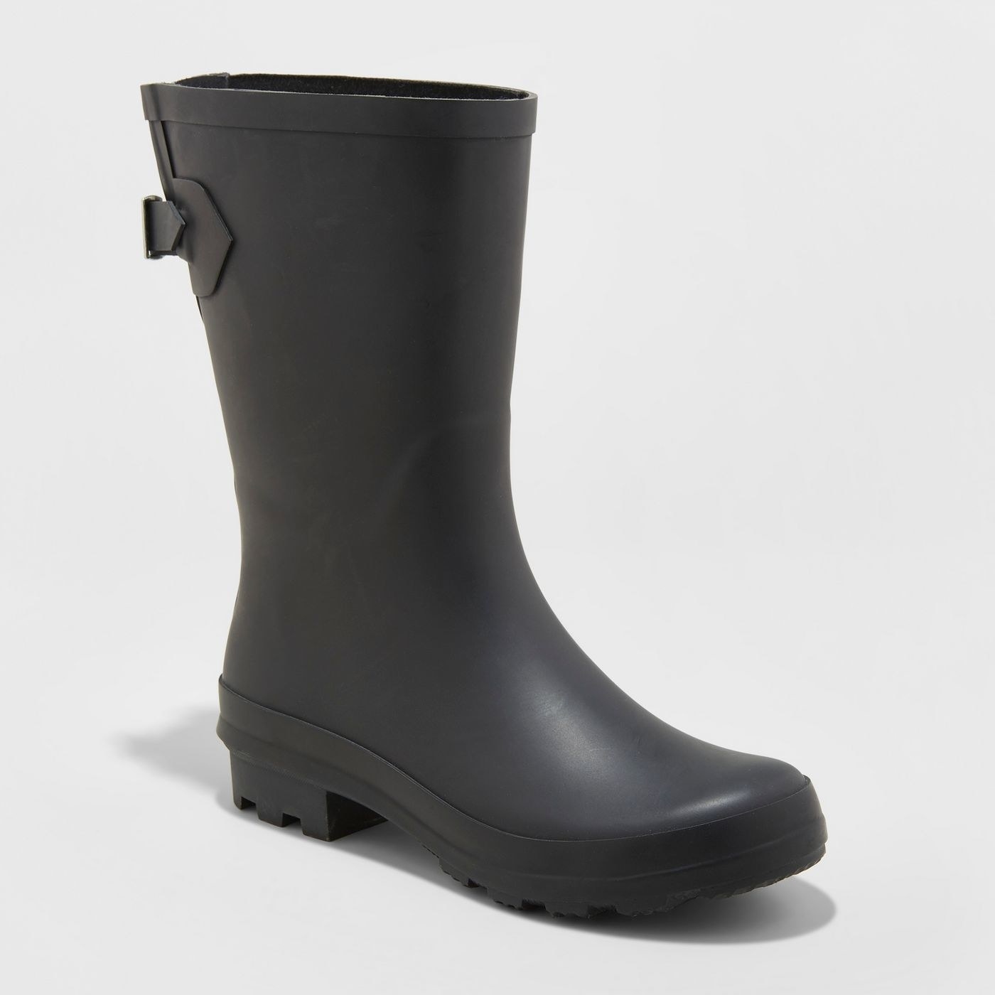 A black matte mid calf rain boot