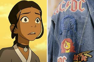 "The Last Airbender" character is on the left looking surprised with an AC/DC denim jacket on the right