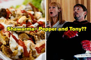 A plate of Shawarma next to a pile of lettuce and a close up a shocked Pepper Potts as she sits next to Tony Stark
