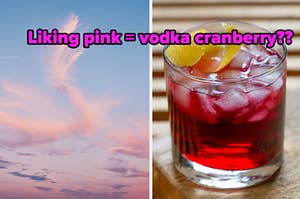 A sunset sky full of clouds and a close up of a glass of vodka cranberry