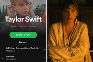 Taylor Swift's profile on Spotify and a close up of Taylor Swift as she wears an oversized cardigan