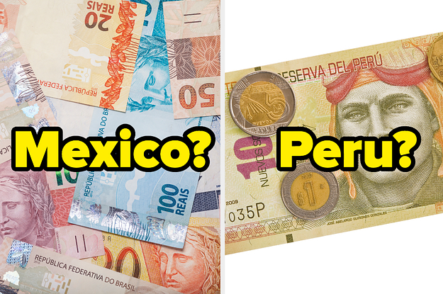 Brazil Currency with "Mexico?" over it and Peru currency with "Peru?" over it