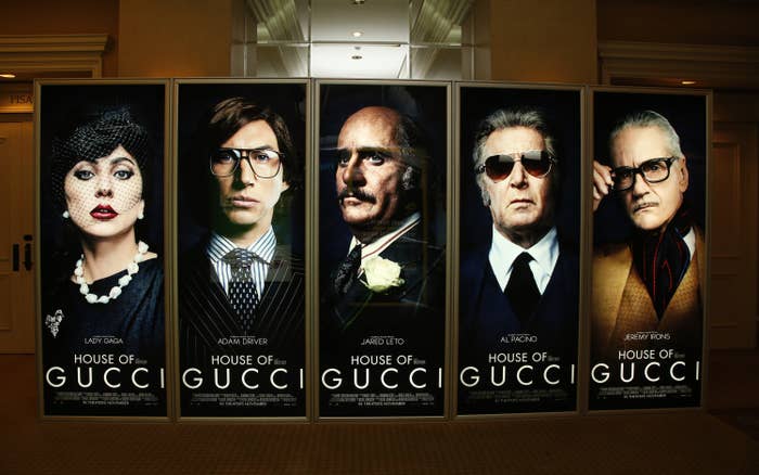Character posters for the House of Gucci including Lady Gaga, Adam Driver, Jared Leto, Al Pacino, and Jeremy Irons