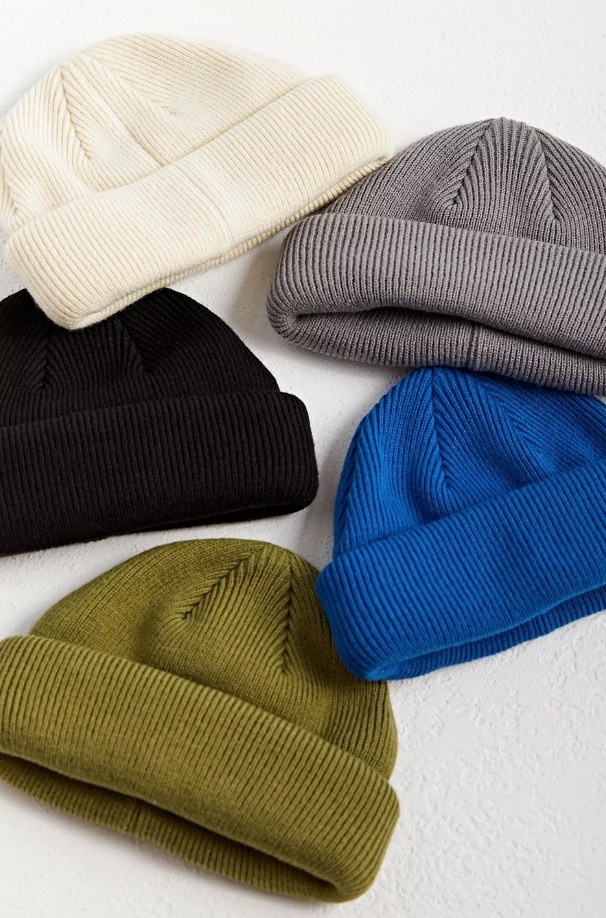 Green, blue, white, gray and black beanies