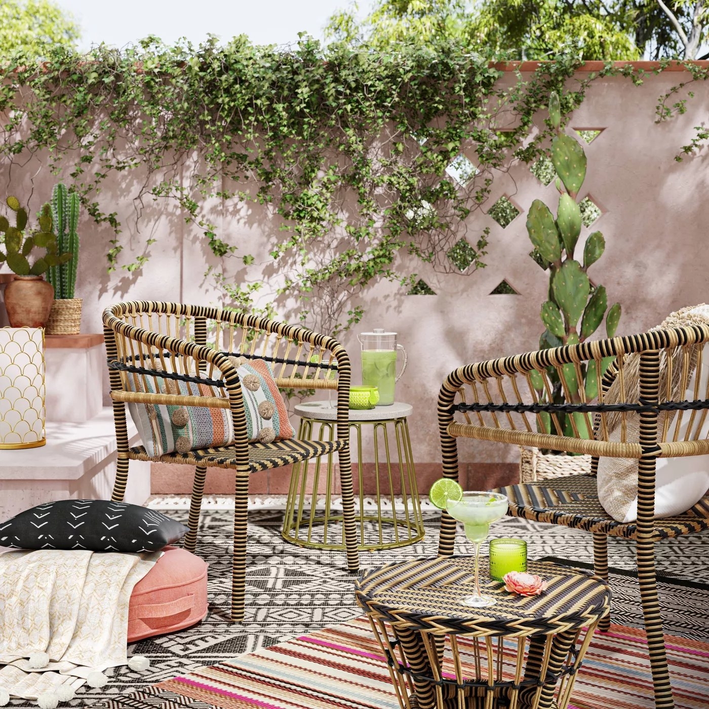 The black and beige patio set in a backyard